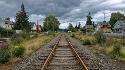 Railway Tracks in Rural Village Under Stormy Sky