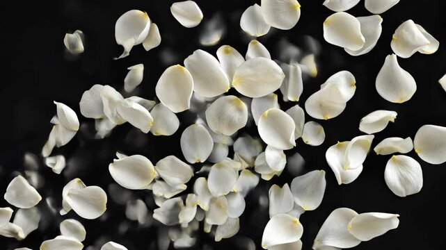 Delicate white rose petals scatter gracefully against dark background, showcasing beauty of nature in serene floral atmosphere