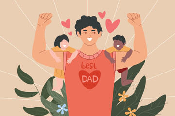 A joyful father carrying his children on each arm, proudly wearing a shirt that says "Best Dad."