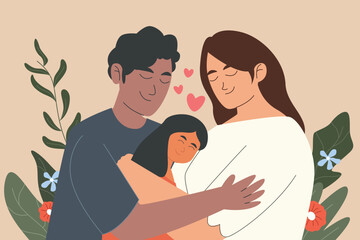 A warm family moment of parents hugging their smiling daughter, surrounded by plants and love symbols.
