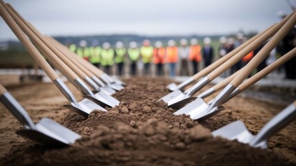 Ceremonial Groundbreaking Event Featuring Multiple Shovels and Attendees