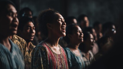 Choir group of singing in church people expressing emotion happiness passion with smiles on faces and lighting from above
