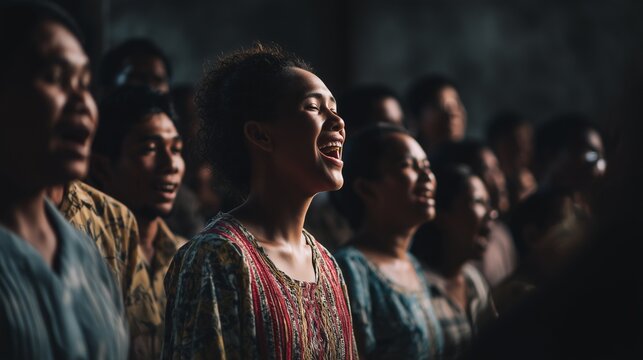 Choir group of singing in church people expressing emotion happiness passion with smiles on faces and lighting from above