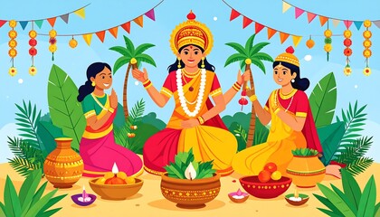 Festive celebration, three women, deities, auspicious occasion