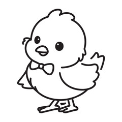 A black and white line art illustration of an adorable baby chick with a short, slightly open beak, standing in a gentle pose. 