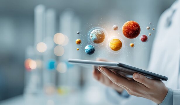 Scientist holding tablet showing hologram of solar system planets