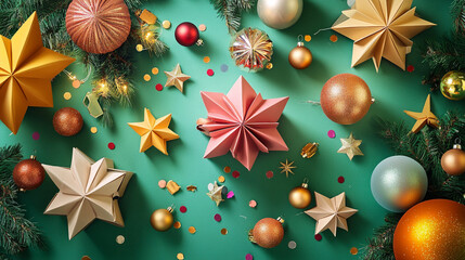 Festive Christmas scene with paper stars ornaments and confetti on teal background