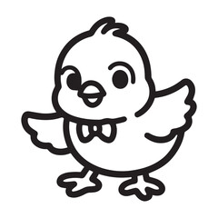 A black and white line art illustration of an adorable baby chick with a short, slightly open beak, standing in a gentle pose. 