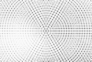 Naklejka premium Radial halftone gradient background. Dotted concentric texture with fading effect. Black and white circle shade wallpaper. Grunge rough vector. Monochrome backdrop