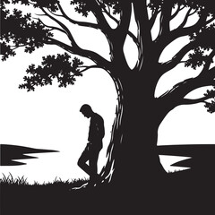 Silhouette of a man standing leaning under a tree beside a river vector illustration