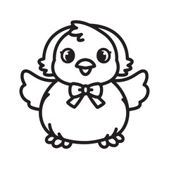 A black and white line art illustration of an adorable baby chick with a short, slightly open beak, standing in a gentle pose. 