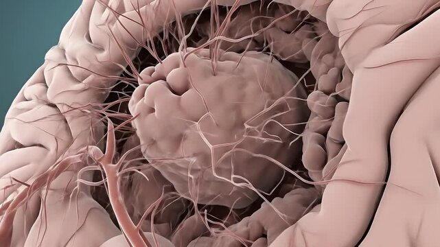 A 3D medical illustration of a brain tumor showing angiogenesis and its invasive nature within brain tissue