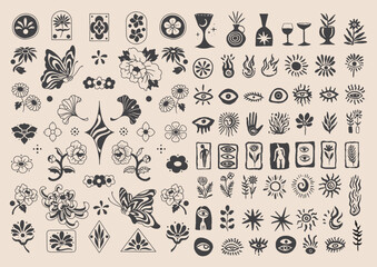 Modern hand drawn illustrations with magic symbols, crescent moon, sun, magic ball and books.