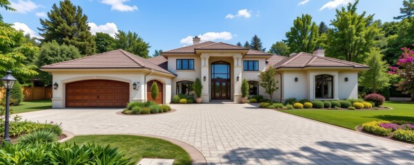 Fototapeta premium suburban villa with large driveway three car garage and manicured garden open concept with modern design