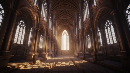 Fototapeta premium Spectacular gothic architecture with sunlight streaming through arched windows