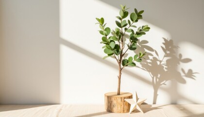 Fototapeta premium Decorative indoor plant on wooden base casting shadow in minimalistic interior setting with geometric decor