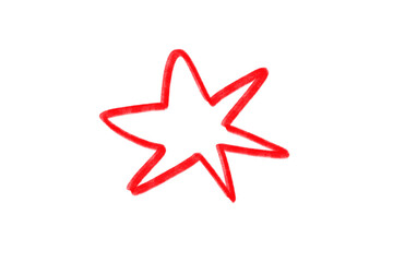 Hand-drawn seven point star with a whimsical feel in bright red hue, presented on transparent background