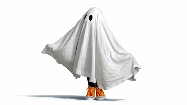 Playful ghost character wearing a white sheet with black eye holes, standing on a white background, showcasing vibrant orange sneakers, embodying a fun and whimsical Halloween spirit