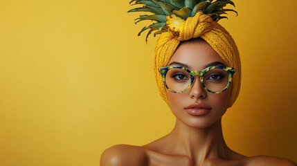 Portrait of a Woman Wearing a Pineapple Headwrap and Colorful Glasses Against a Yellow Background