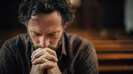 Man deep in thought and prayer inside a church with wooden pews around him, displaying introspection, reverence, and spiritual connection.