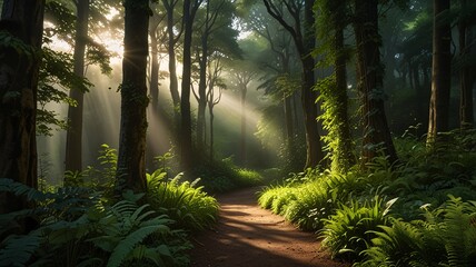 Naklejka premium Enchanted Forest Path with Sunlit Canopy and Lush Green Foliage V7