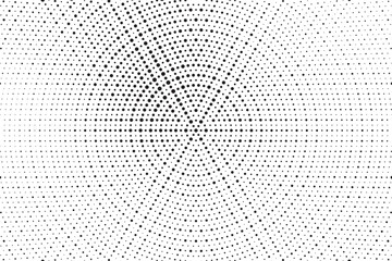 Radial halftone dots. Spotted and dotted stains gradient background. Concentric comic texture with fading effect. Black and white rough gritty wallpaper. Grunge monochrome geometric backdrop. Vector