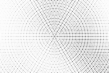 Radial halftone gradient background. Dotted concentric texture with fading effect. Black and white circle shade wallpaper. Grunge rough vector. Monochrome backdrop