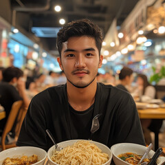 Portrait of a Young Asian Man Enjoying a Meal in a Busy Restaurant