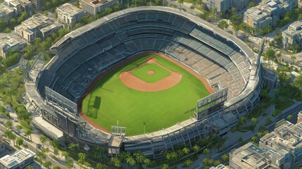 Aerial View of a Modern Baseball Stadium with Green Field and Seating Area in Urban Environment