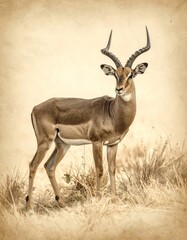A vintage-style photograph of a male impala with long, curving horns standing alertly in tall, dry grass. The image has a warm, sepia tone and the texture of old paper.
