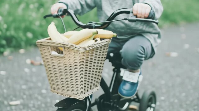 A smiling child with curly hair rides a bicycle, holding the handlebars tightly. The bikes basket is filled with ripe bananas, set against a blurred green background.