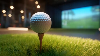 Close-Up View of a Golf Ball on a Tee in an Indoor Golf Simulator Studio Setting