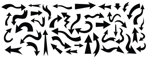 Bold abstract arrow shapes in dynamic curves and sharp turns—perfect for UX flowcharts, infographics, presentations, and social media design. Black silhouette set with modern, impactful motion energy.