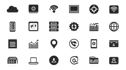 Black business web icons set featuring cloud storage, analytics, mobile connection, user access, networking and global communication in minimal tech style on white background