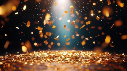 Golden confetti cascading over shimmering background, generating celebratory and for festive elegance mood party related imagery