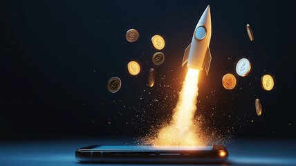 Rocket launching from a smartphone financial surrounded by gold coins symbolizes successful startup investment and screen growth