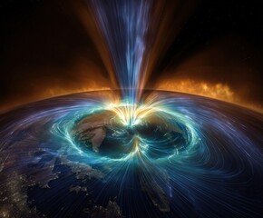 Solar wind particles colliding with Earth's magnetosphere cutaway view, auroral ovals over polar regions with neon-blue plasma streams, proton density gradients visualization.