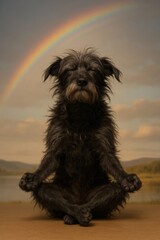 a dog meditating under a rainbow with its eyes closed in a peaceful natural setting with a calm lake and distant hills evoking tranquility and mindfulness