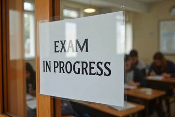 'EXAM IN PROGRESS' notice on a classroom glass door warning people to not disturb and be quiet as high school students sitting at their desk are focusing and concentrating on their semester exams.
