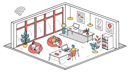 Illustration of office worker at desk, person with laptop, and two people in ghost costumes with laptops