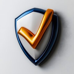 Golden checkmark on a blue shield, symbolizing security and vali