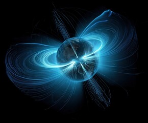 Solar wind particles colliding with Earth's magnetosphere cutaway view, auroral ovals over polar regions with neon-blue plasma streams, proton density gradients visualization.