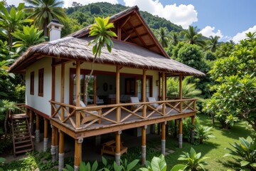 elevated tropical villa on wooden stilts with bamboo railings and palm roof surrounded by dense forest