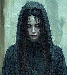 A dark and somber portrait of a woman wearing a hood. Her face is pale, with stark white eyes and a serious, moody expression against a gritty background.