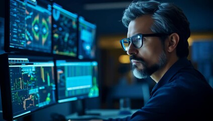 Man analyzing data on multiple computer screens in dark office, focused on digital technology, screen analysis, and financial data processing - Powered by Adobe