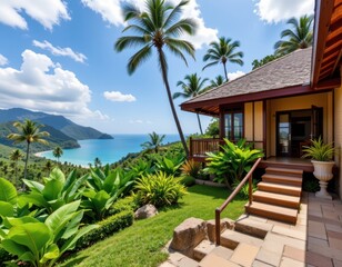 Fototapeta premium villa with timber frames bamboo screens and stone steps nestled in a tropical hillside view of sea below