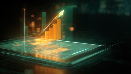 Futuristic mobile phone displaying upward trend graph