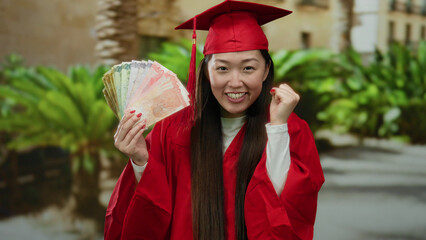 Woman in red graduation gown holding philippines peso banknotes joyfully outdoors with lush...
