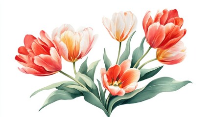 Obraz premium A bouquet of vibrant tulips in shades of red and white, surrounded by green leaves, showcasing natural beauty and floral elegance.