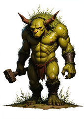 Swamp Moss Troll Holding Wooden Club – Fantasy Forest Monster with Muddy Green Skin, Antler Branches, Moss Hair and Primitive Appearance for RPG Character Design and Creature Illustration